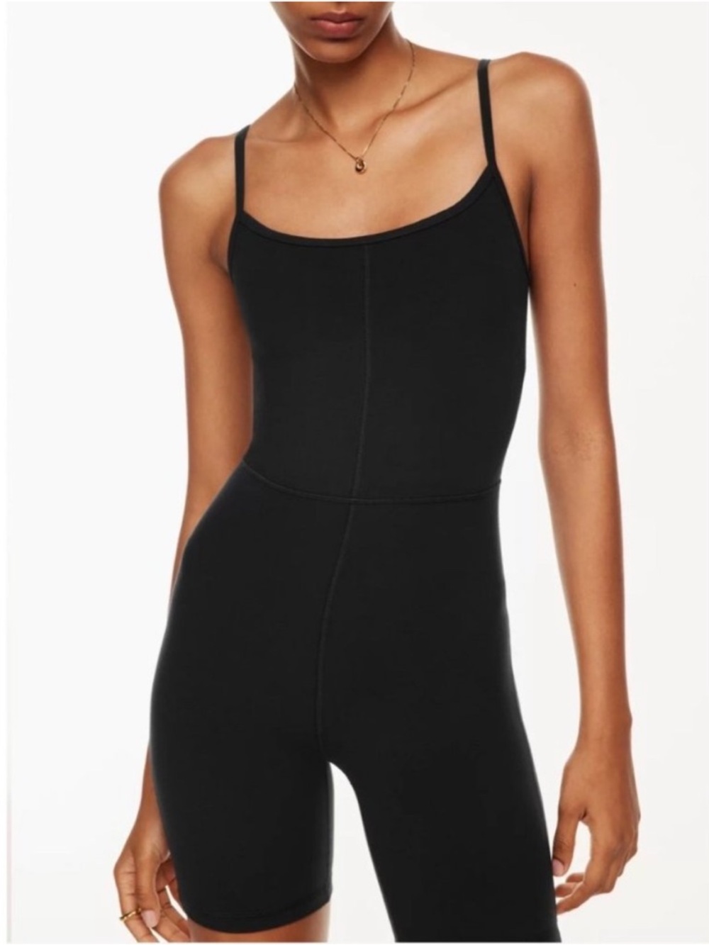 Aritzia Wilfred Free "Divinity" Black Spaghetti-Strap Stretchy Short Romper Yoga